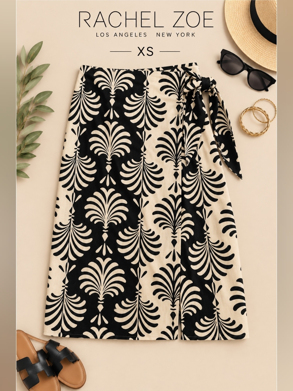 EUC Rachel Zoe Linen Blend Geometric Botanical Wrap Skirt In Black & Cream, XS